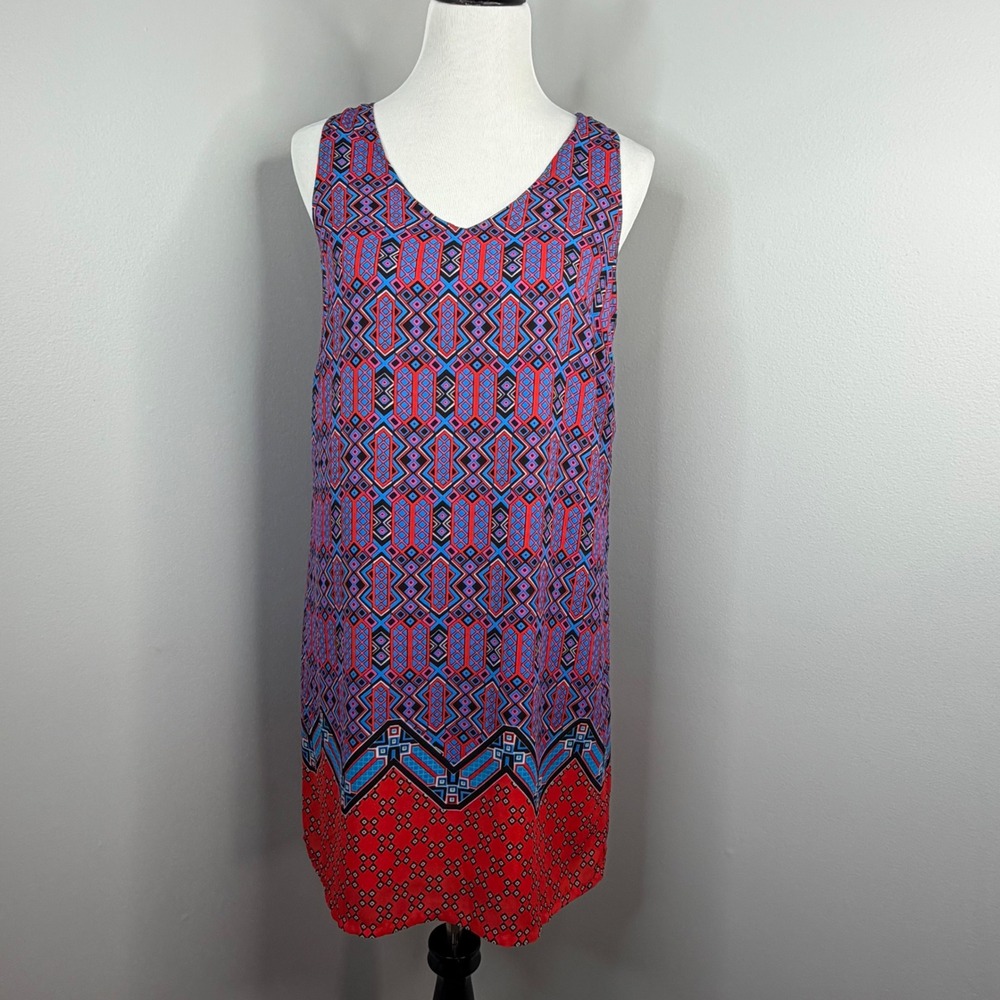 Saint Tropez West Geometric Diamond Print Tie Back Shift Dress Red Blue Size 8